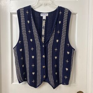 VTG Kenji Heart Cross Sweater Vest Women L Chunky Knit Cottagecore Grandmacore